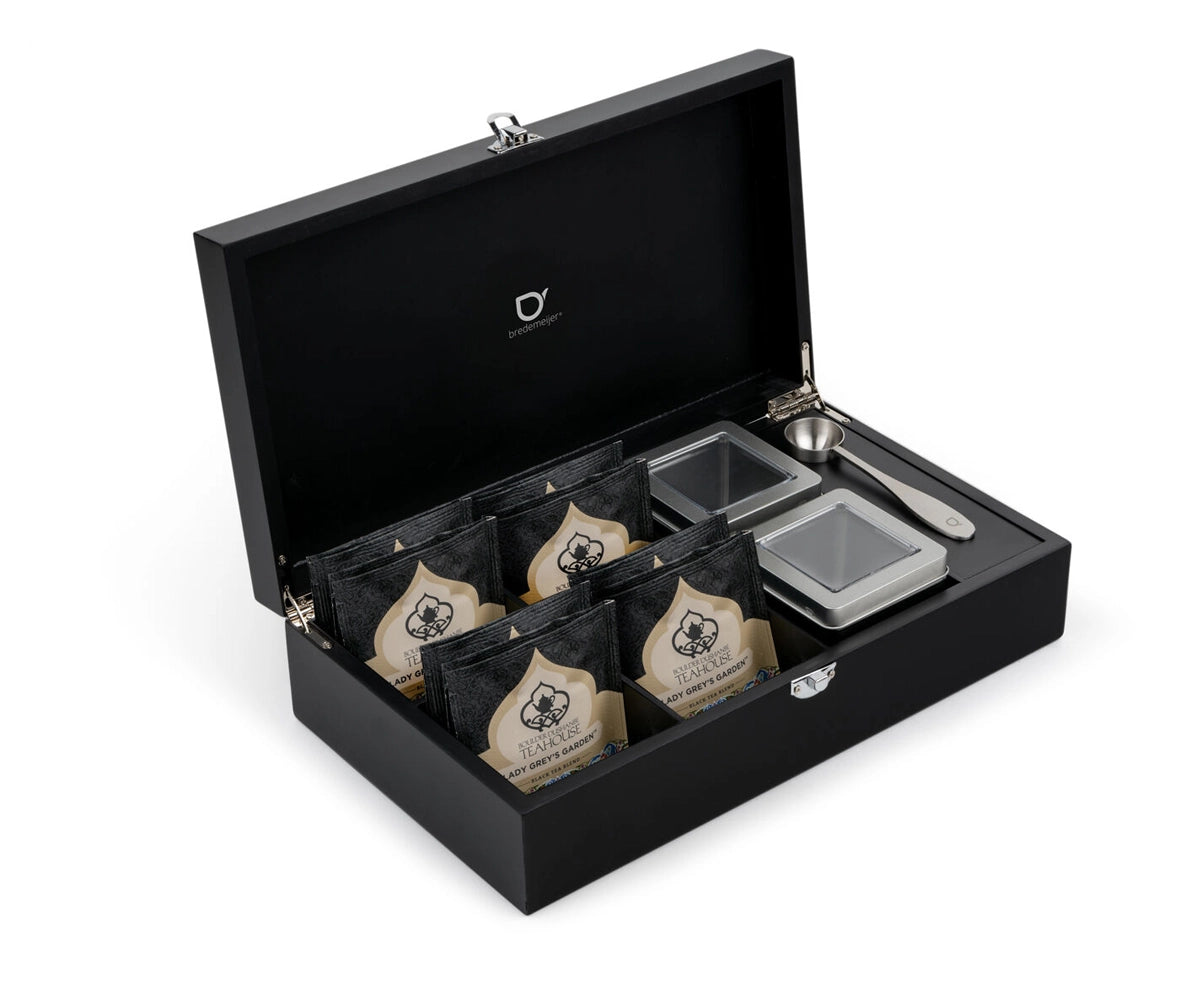 bredemeijer theedoos 4 vaks met 2 blikjes en maatlepel zwart
