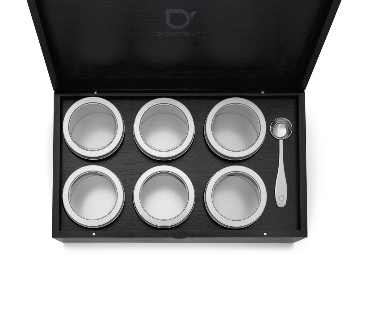 bredemeijer theedoos met 6 blikjes bamboe zwart