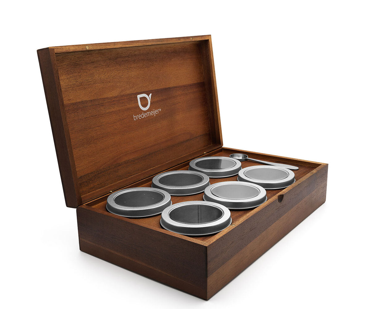 bredemijer theedoos met 6 ronde vensterblikjes acacia