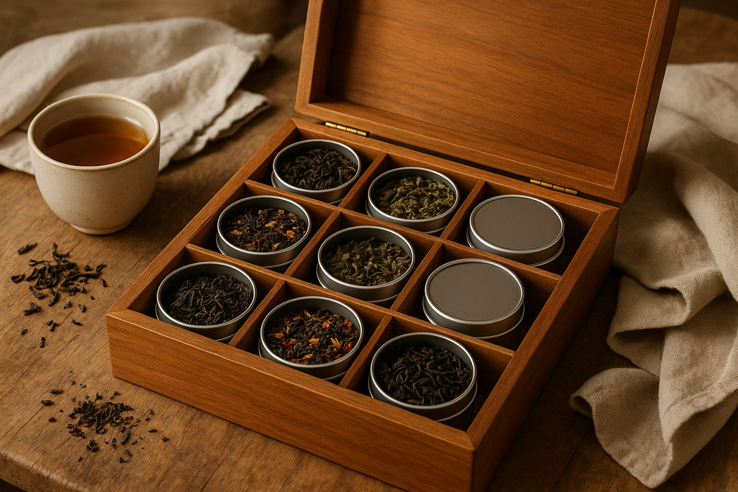 genereer een afbeelding met een houten theedoos met blikjes voor losse thee. Graag in een lifestyle thema